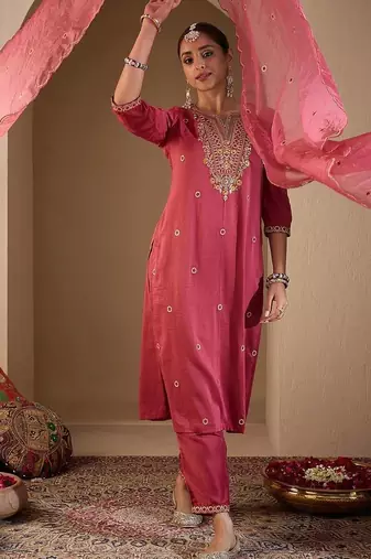 Women Ethnic Motifs Embroidered Regular Thread Work Kurta with Trousers & With Dupatta