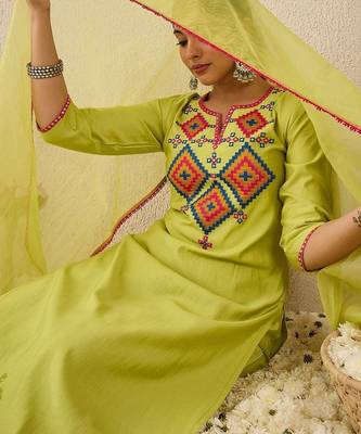 Women Ethnic Motifs Embroidered Regular Thread Work Liva Kurta with Trousers & With Dupatta 2