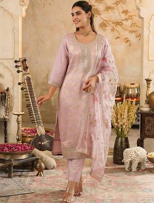 Women Regular Thread Work Kurta with Trousers & With Dupatta 1