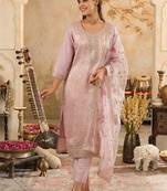 Women Regular Thread Work Kurta with Trousers & With Dupatta
