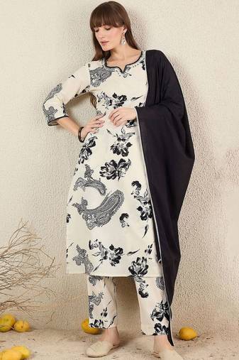 Women Ethnic Motifs Printed Regular Pure Cotton Kurta with Trousers & With Dupatta
