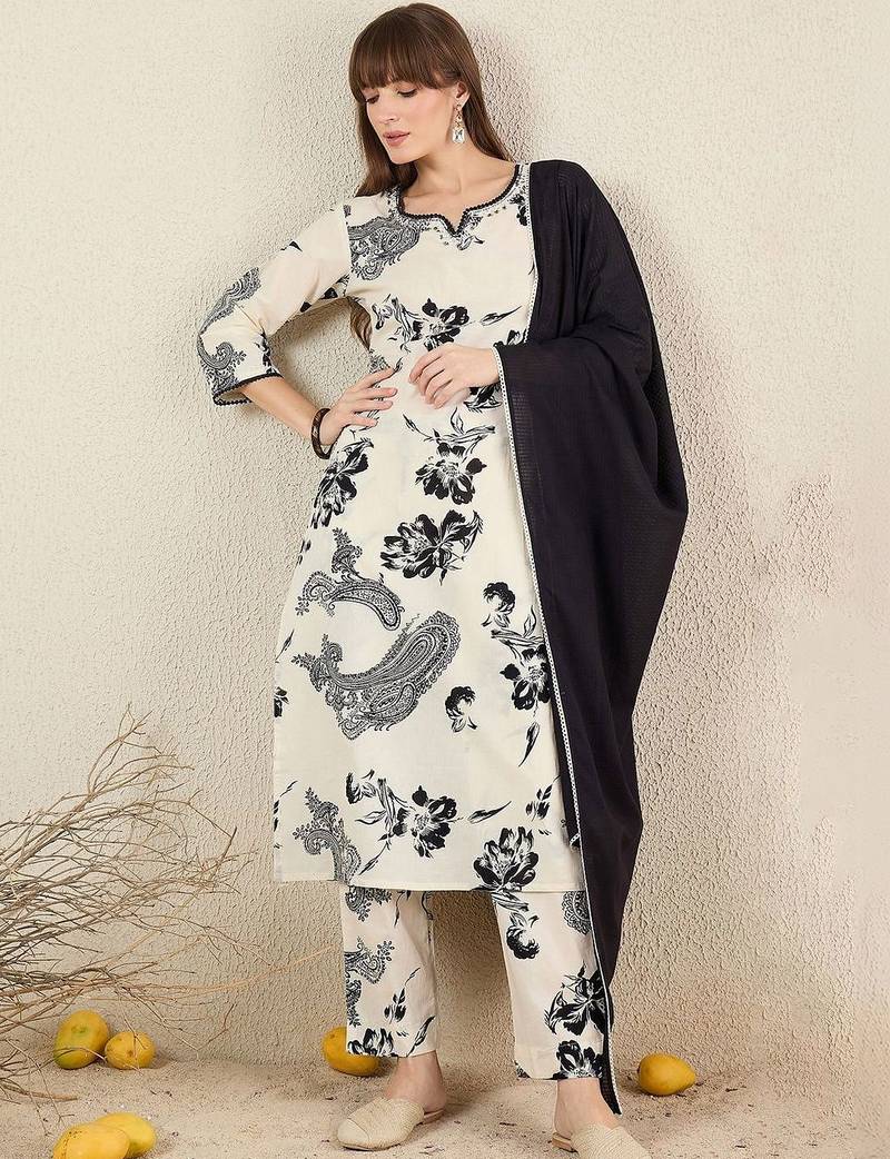 Women Ethnic Motifs Printed Regular Pure Cotton Kurta with Trousers & With Dupatta