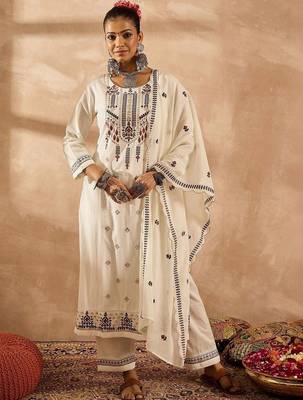 Women Ethnic Motifs Embroidered Regular Thread Work Pure Cotton Kurta with Trousers & With Dupatta 1
