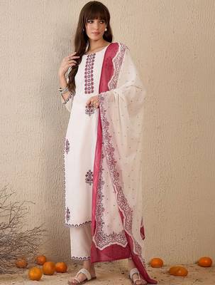 Women Ethnic Motifs Embroidered Regular Thread Work Pure Cotton Kurta with Trousers & With Dupatta 1