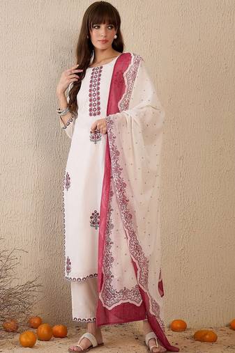 Women Ethnic Motifs Embroidered Regular Thread Work Pure Cotton Kurta with Trousers & With Dupatta