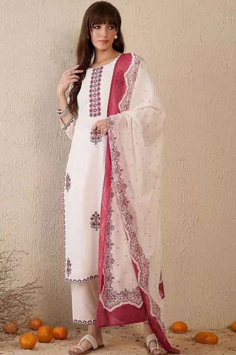 Women Ethnic Motifs Embroidered Regular Thread Work Pure Cotton Kurta with Trousers & With Dupatta