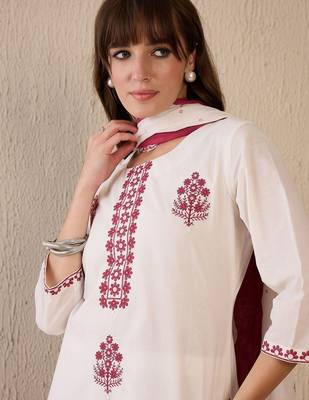 Women Ethnic Motifs Embroidered Regular Thread Work Pure Cotton Kurta with Trousers & With Dupatta 3