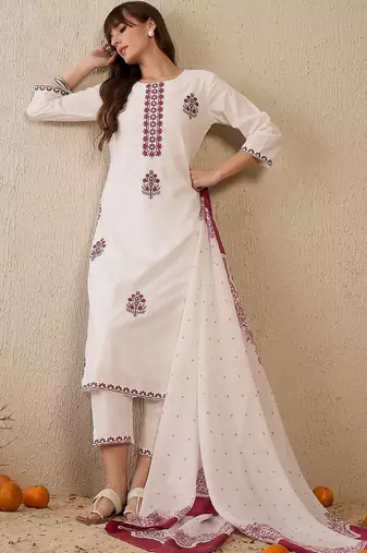 Women Ethnic Motifs Embroidered Regular Thread Work Pure Cotton Kurta with Trousers & With Dupatta