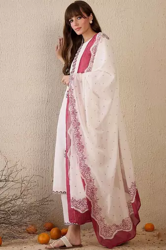 Women Ethnic Motifs Embroidered Regular Thread Work Pure Cotton Kurta with Trousers & With Dupatta