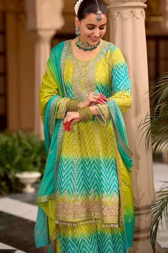 Women Printed Tiered Thread Work Kurta with Sharara & With Dupatta