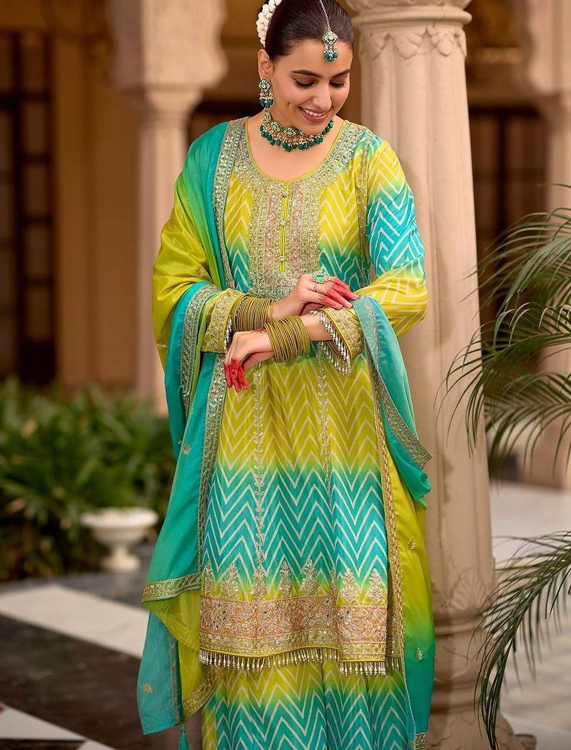Women Printed Tiered Thread Work Kurta with Sharara & With Dupatta