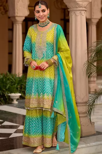Women Printed Tiered Thread Work Kurta with Sharara & With Dupatta