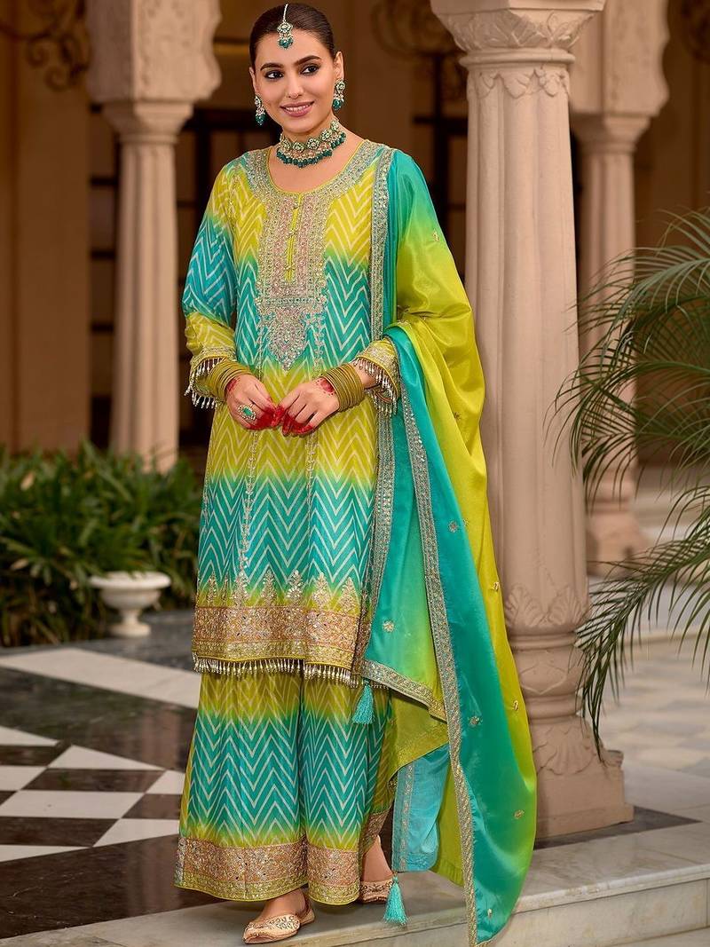Women Printed Tiered Thread Work Kurta with Sharara & With Dupatta