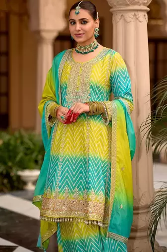 Women Printed Tiered Thread Work Kurta with Sharara & With Dupatta