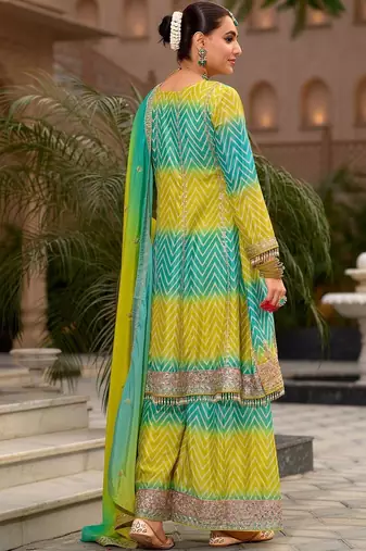 Women Printed Tiered Thread Work Kurta with Sharara & With Dupatta