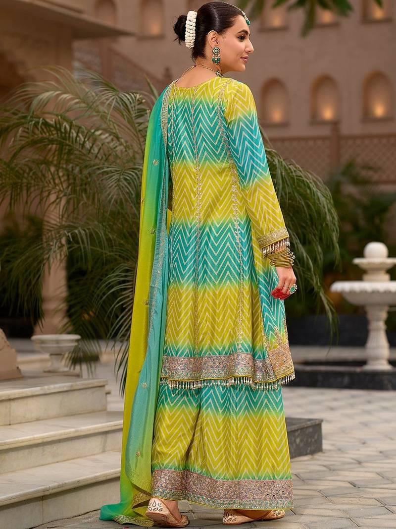 Women Printed Tiered Thread Work Kurta with Sharara & With Dupatta