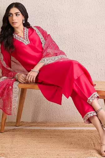 Women Ethnic Motifs Regular Thread Work Kurta with Trousers & With Dupatta