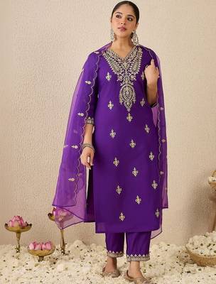 Women Ethnic Motifs Embroidered Regular Kurta with Trousers & With Dupatta 4