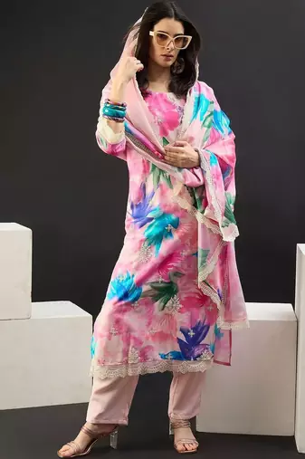 Women Floral Printed Regular Thread Work Kurta with Trousers & With Dupatta