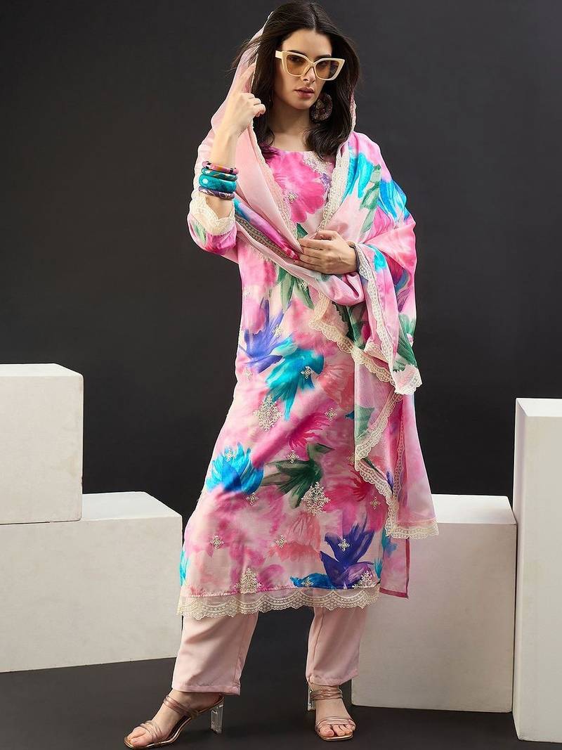 Women Floral Printed Regular Thread Work Kurta with Trousers & With Dupatta