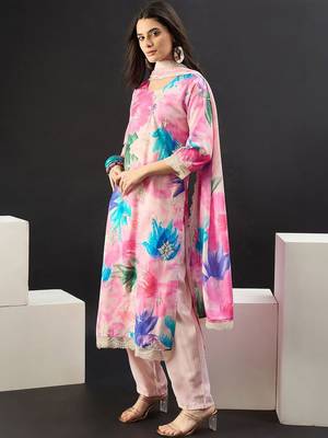 Women Floral Printed Regular Thread Work Kurta with Trousers & With Dupatta 4