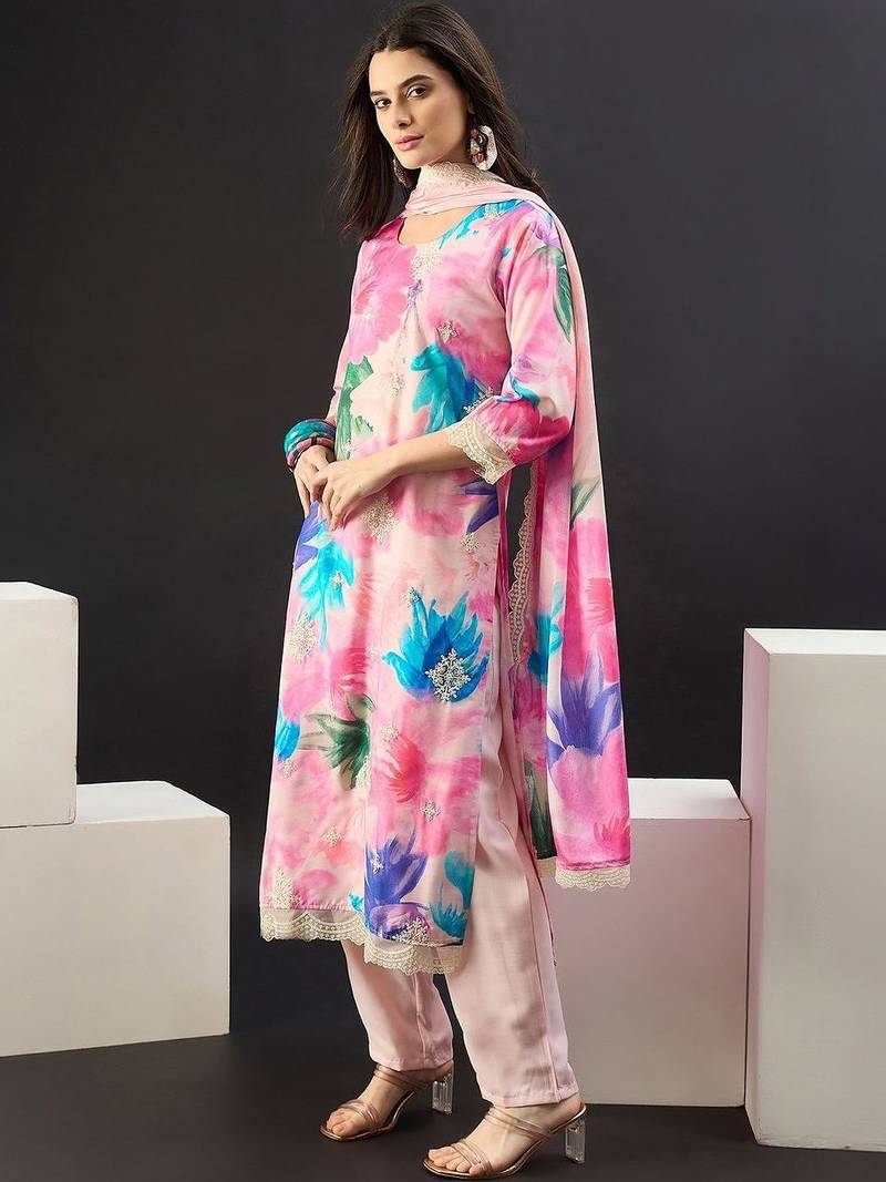 Women Floral Printed Regular Thread Work Kurta with Trousers & With Dupatta