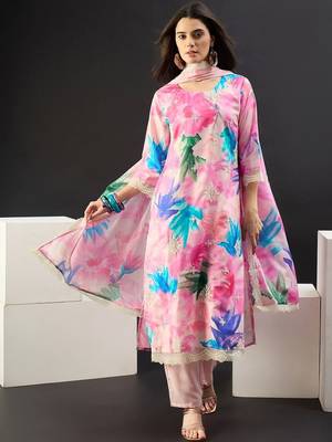 Women Floral Printed Regular Thread Work Kurta with Trousers & With Dupatta 5