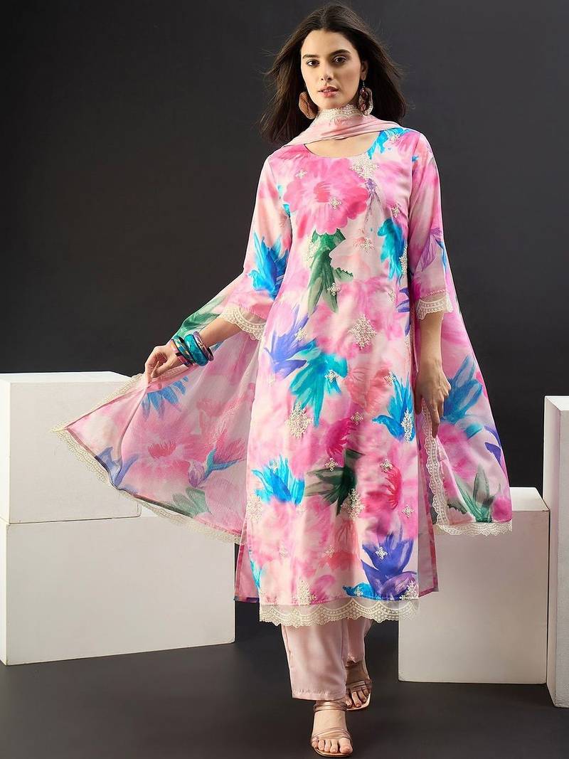 Women Floral Printed Regular Thread Work Kurta with Trousers & With Dupatta