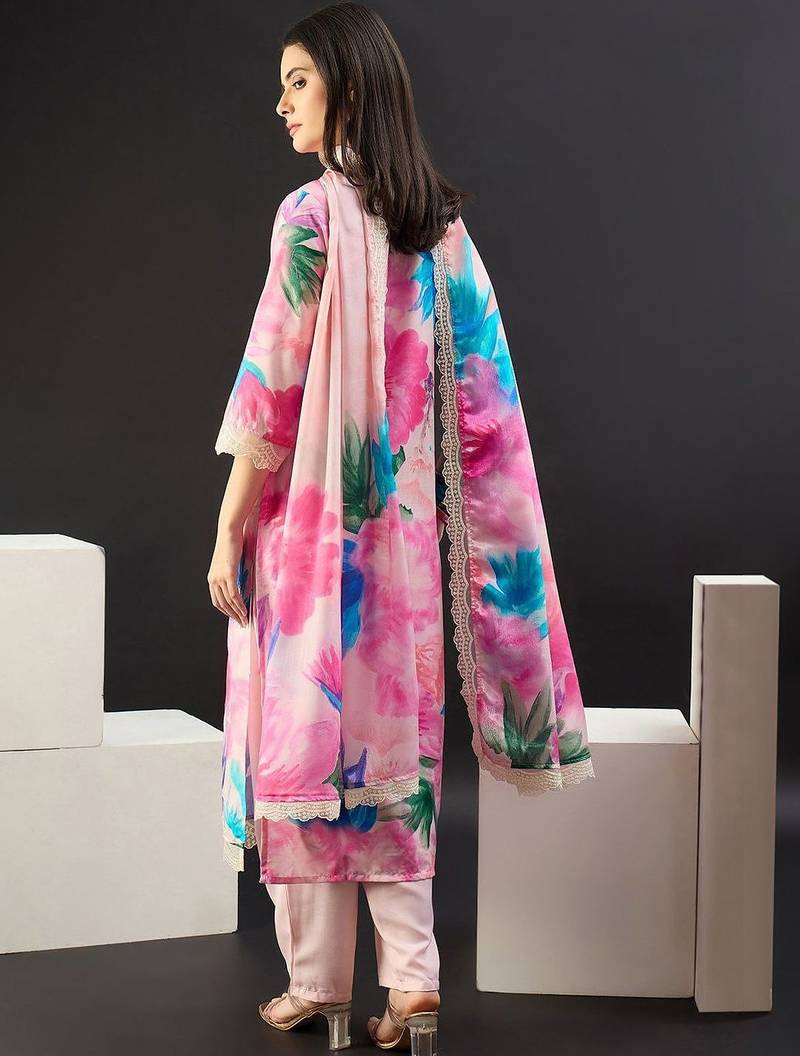 Women Floral Printed Regular Thread Work Kurta with Trousers & With Dupatta