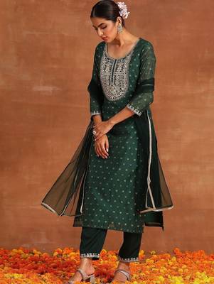 Women Ethnic Motifs Embroidered Regular Chanderi Silk Kurta with Trousers & With Dupatta 1