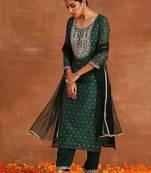 Women Ethnic Motifs Embroidered Regular Chanderi Silk Kurta with Trousers & With Dupatta