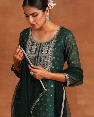 Women Ethnic Motifs Embroidered Regular Chanderi Silk Kurta with Trousers & With Dupatta 2