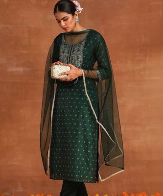 Women Ethnic Motifs Embroidered Regular Chanderi Silk Kurta with Trousers & With Dupatta 3