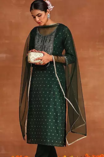 Women Ethnic Motifs Embroidered Regular Chanderi Silk Kurta with Trousers & With Dupatta