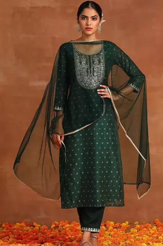 Women Ethnic Motifs Embroidered Regular Chanderi Silk Kurta with Trousers & With Dupatta