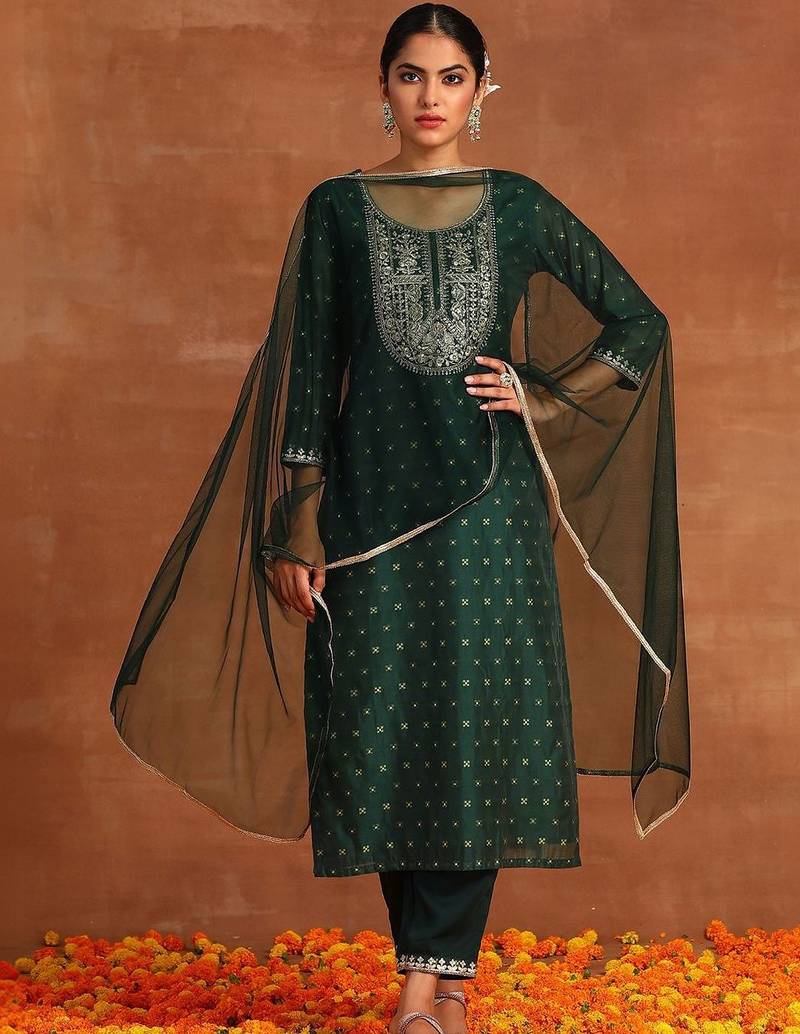 Women Ethnic Motifs Embroidered Regular Chanderi Silk Kurta with Trousers & With Dupatta
