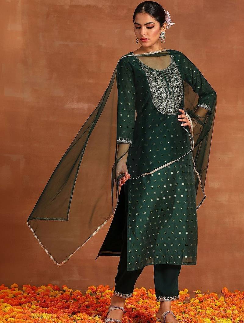Women Ethnic Motifs Embroidered Regular Chanderi Silk Kurta with Trousers & With Dupatta