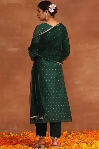 Women Ethnic Motifs Embroidered Regular Chanderi Silk Kurta with Trousers & With Dupatta