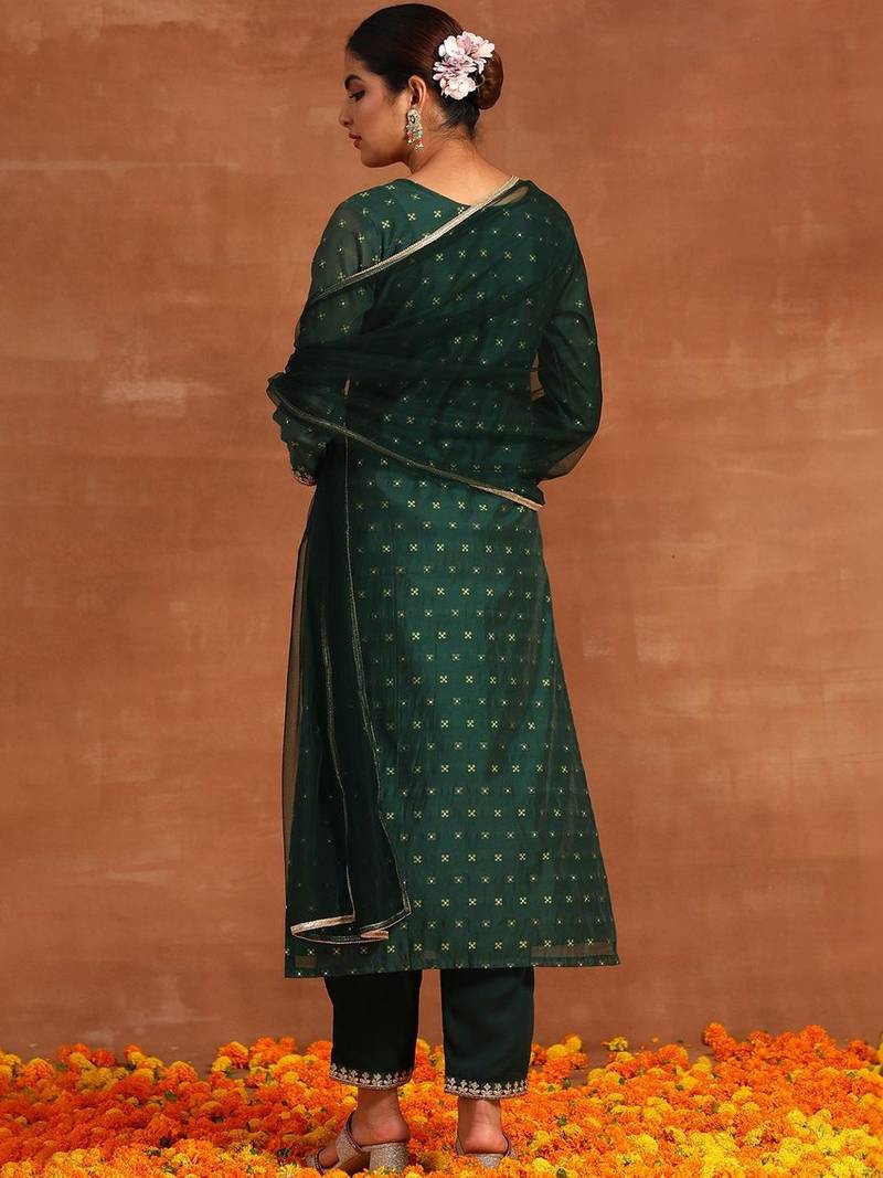 Women Ethnic Motifs Embroidered Regular Chanderi Silk Kurta with Trousers & With Dupatta