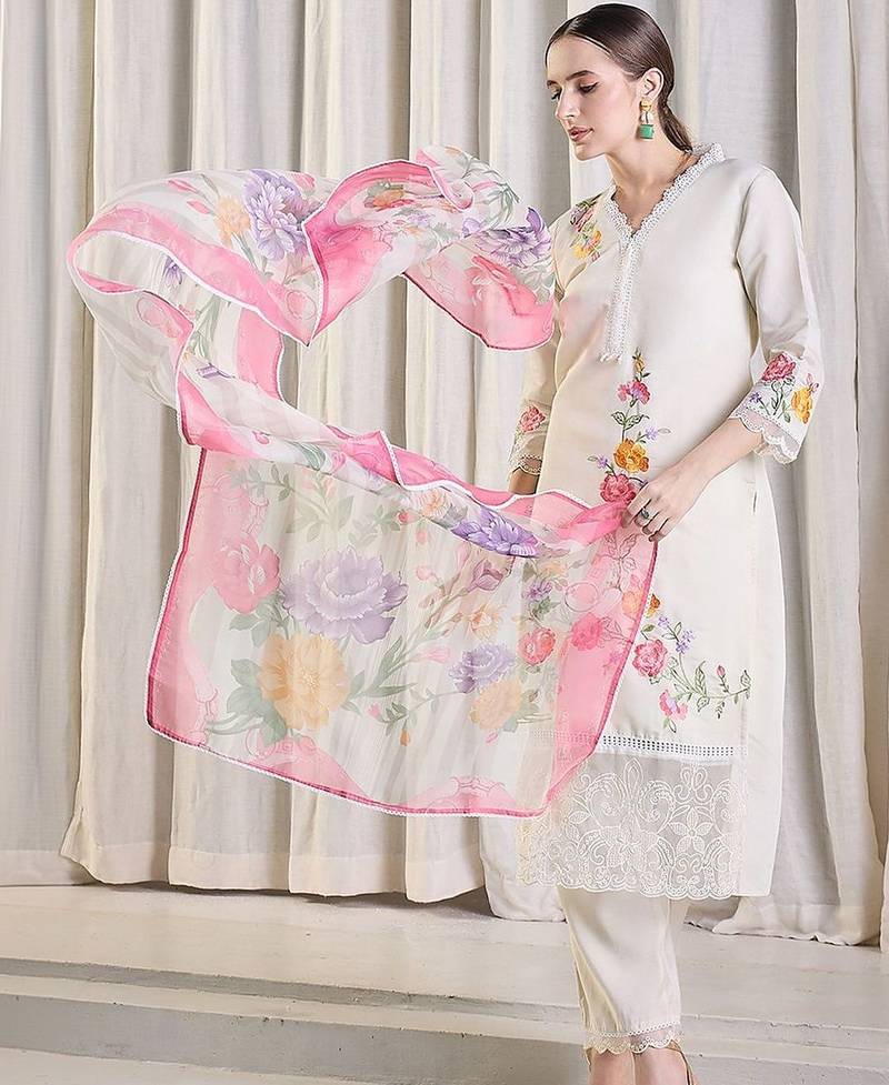 Women Floral Embroidered Regular Thread Work Kurta with Trousers & With Dupatta