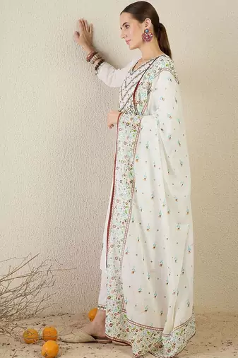 Women Floral Embroidered Regular Thread Work Pure Cotton Kurta with Trousers & With Dupatta