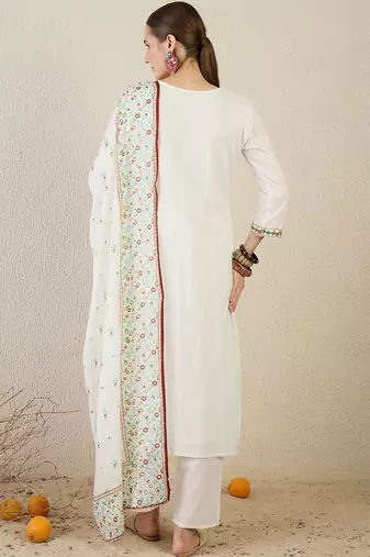 Women Floral Embroidered Regular Thread Work Pure Cotton Kurta with Trousers & With Dupatta