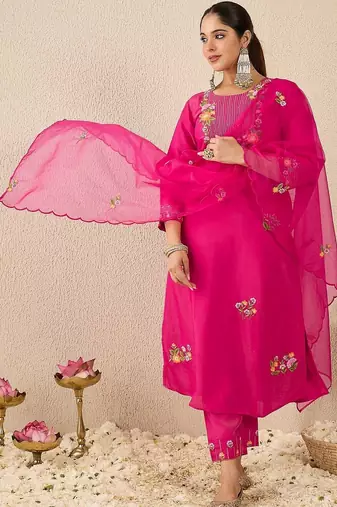 Women Floral Embroidered Regular Thread Work Kurta with Trousers & With Dupatta