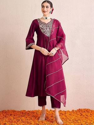 Women Ethnic Motifs Embroidered Pleated Thread Work Liva Kurta with Trousers & With Dupatta 1