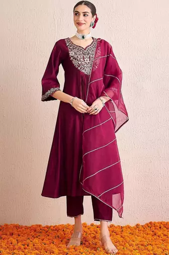 Women Ethnic Motifs Embroidered Pleated Thread Work Liva Kurta with Trousers & With Dupatta