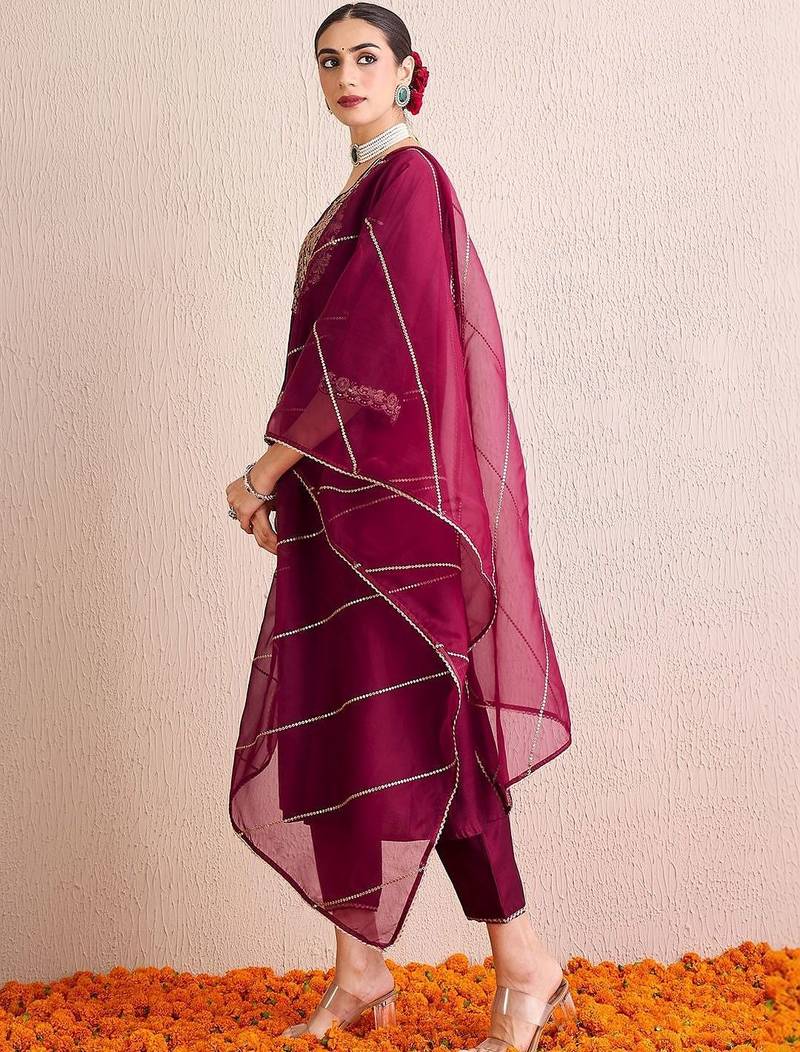 Women Ethnic Motifs Embroidered Pleated Thread Work Liva Kurta with Trousers & With Dupatta