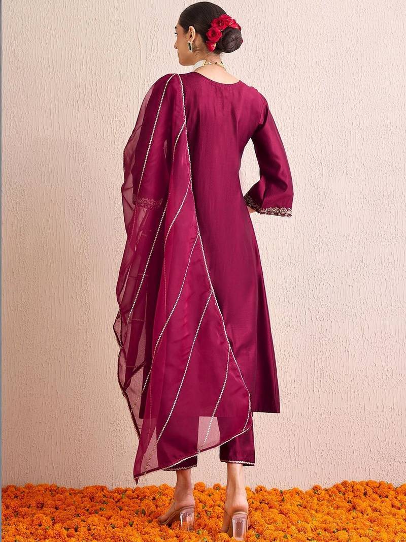 Women Ethnic Motifs Embroidered Pleated Thread Work Liva Kurta with Trousers & With Dupatta