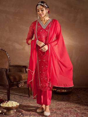 Women Ethnic Motifs Printed Thread Work Silk Chiffon Kurta with Trouser & Dupatta 1