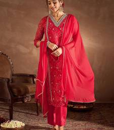 Women Ethnic Motifs Printed Thread Work Silk Chiffon Kurta with Trouser & Dupatta