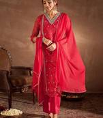 Women Ethnic Motifs Printed Thread Work Silk Chiffon Kurta with Trouser & Dupatta